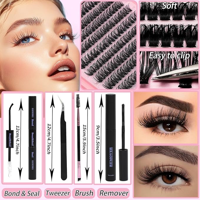 Lash Clusters Kit, Eyelash Clusters Individual Lash Extension Kit 480 Pcs D Curl Fluffy Wispy False Eyelashes Extensions Thin Band with Bond Seal Tweezers Brush Removers (60D+80D KIT9-16mm)