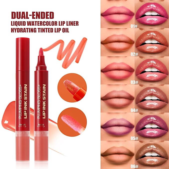 Orange Red Dual-Ended Liquid Watercolor Lip Liner & Hydrating Tinted Lip Oil, Highly Pigmented Long Lasting Lip marker pen, Smudge Proof Natural Finish, Precise Chisel Tip Marker 02#