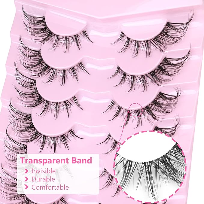 Manga Lashes Fox Eye False Eyelashes Natural Look Faux Mink Lashes Wispy Clear Band Spiky Cat Eye Strip Eyelashes Pack, 7 Pairs