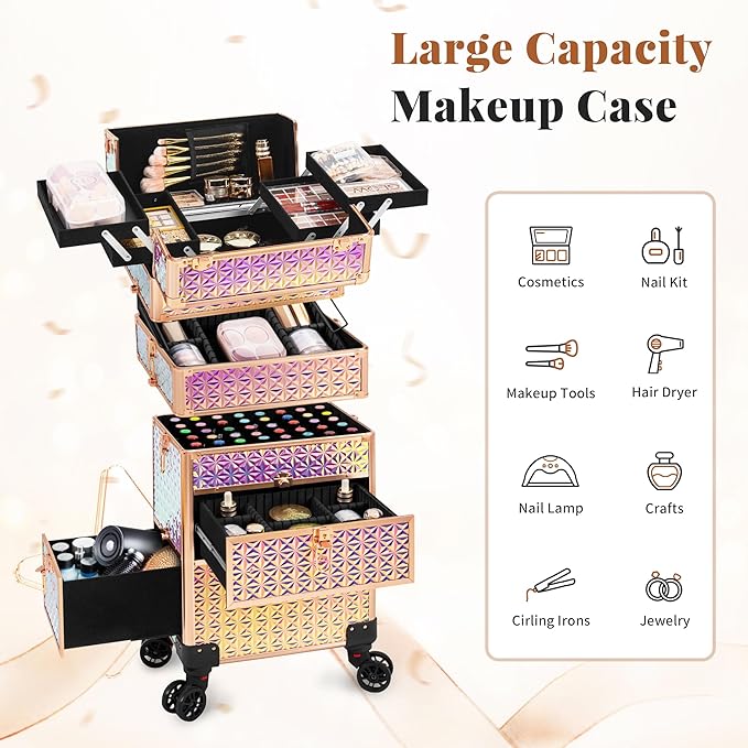 AROUS Rolling Makeup Train Case with 3 Drawers, Cosmetology Case on Wheels Nail Trolley Cart Salon Station Organizer Cases for Nail Tech, Face Painting,Hairstylist, Makeup Artist, Colorful
