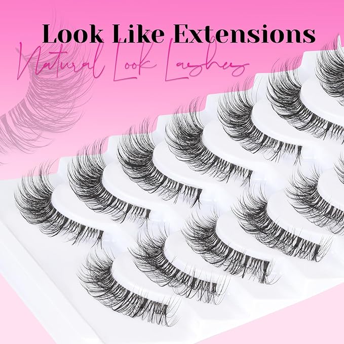 Veleasha Cat Eye Lashes Wispy False Eyelashes with Clear Band Natural Look Eyelashes Looks Like Lash Extensions CC Curl Soft Fake Lashes Strips Lashes 10 Pairs Pack (Everyday Essentials)