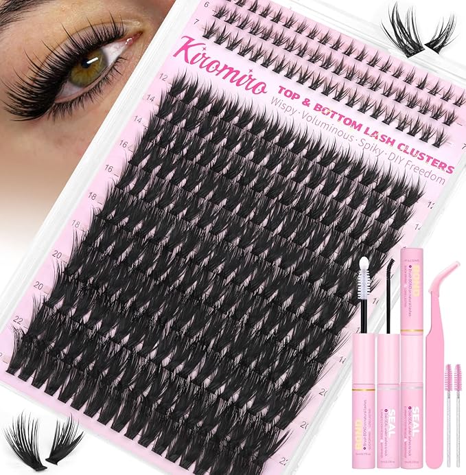 Kiromiro Lash Clusters Kit, 258pcs Lash Clusters with Spikes 12-22mm Top & Bottom Eyelash Clusters Kit with Bond and Seal Fluffy DIY Clusters Lashes Extensions Kit