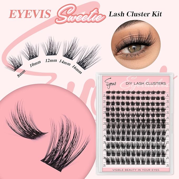 Lash Clusters Kit 144PCS Lash Clusters D Curl Lash Extension Kit 8-16MIX Eyelash Clusters with Eyelash Applicator Tool DIY Lash Extension Kit(Sweetie,8-16MM)