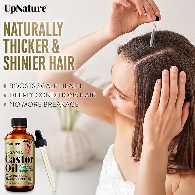 UpNature Organic Castor Oil Lash Serum for Eyelashes and Eyebrows Growth - 100% Pure Cold Pressed Hexane-Free (2oz Glass Bottle)