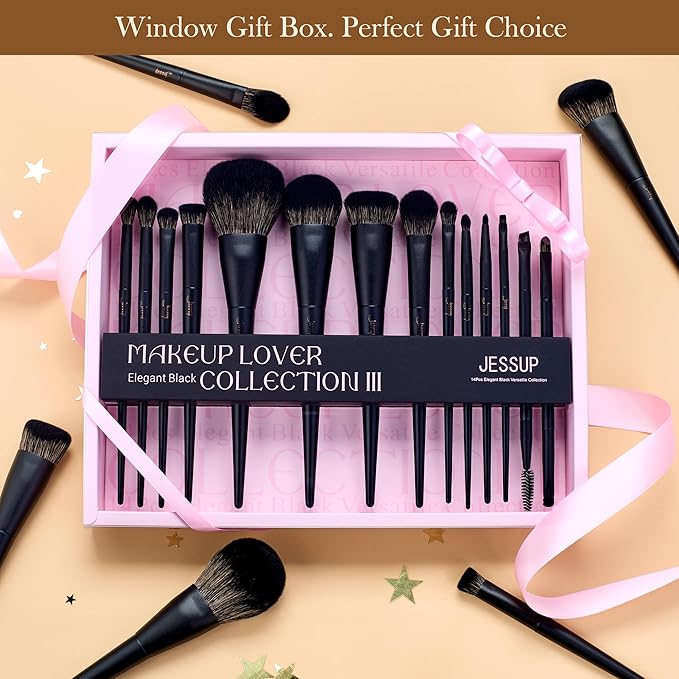 Jessup Makeup Brushes Set Jessup Make up Brushes 14Pcs Black Kabuki Foundation Eyeshadow Contour Concealer Powder Eyeliner Crease Eyebrow Blending Brush with Gift Box, T336-G