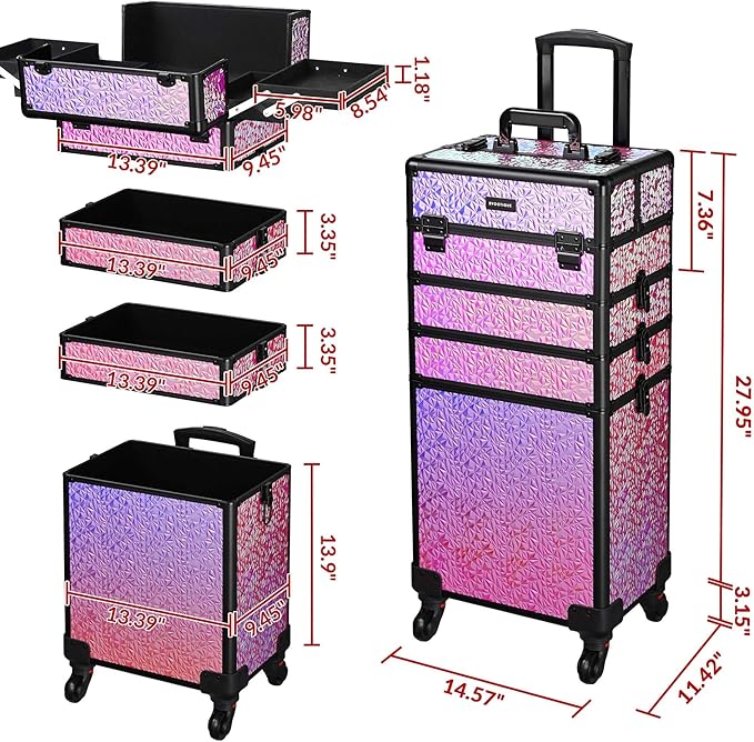 BYOOTIQUE Makeup Train Case Kit with Cube Case Cosmetic Organizer Mermaid Pink