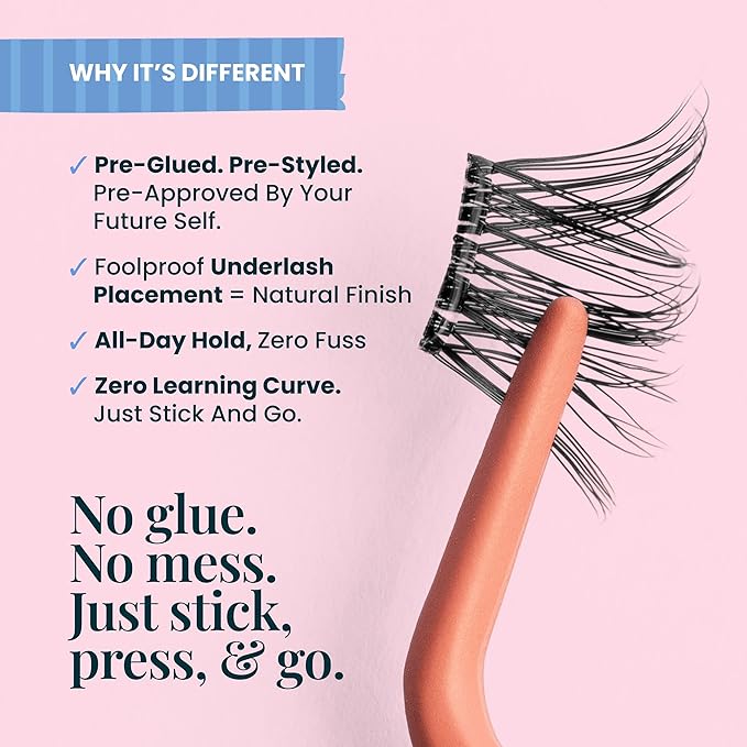 FlutterHabit STICKtionary Bestie Self Adhesive Eyelashes Kit, Pre Glued Underlash Strips for Beginners, No Glue Lash Extensions, Lightweight Reusable Clusters for Natural Look at Home (5 Pairs)