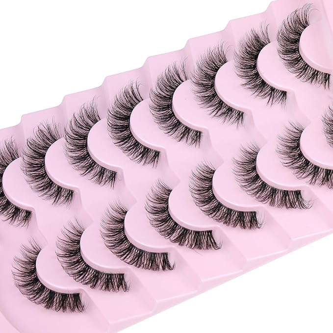 JIMIRE Demi Wispies False Eyelashes Natural Look Invisible Lash Band Cat Eye Lashes 15MM Mink Lashes Fluffy Russian D Curl Strip Lashes Look Like Lash Extensions Pestañas 8 Pairs Pack