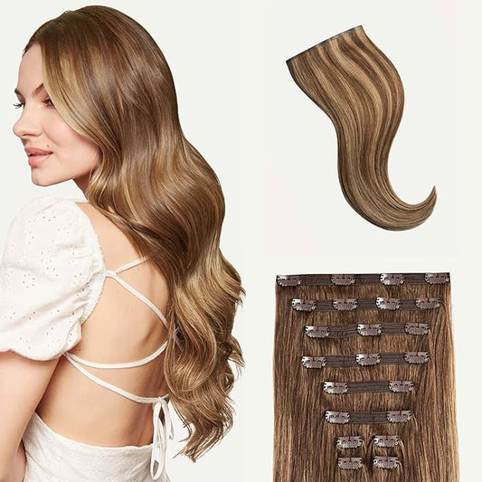 Luxy Hair 24" Chestnut Brown Highlights Classic Clip-In Hair Extensions (240 grams) 100% Remy Human Hair, Natural,Volume, 10-Piece Set, Blends Easily