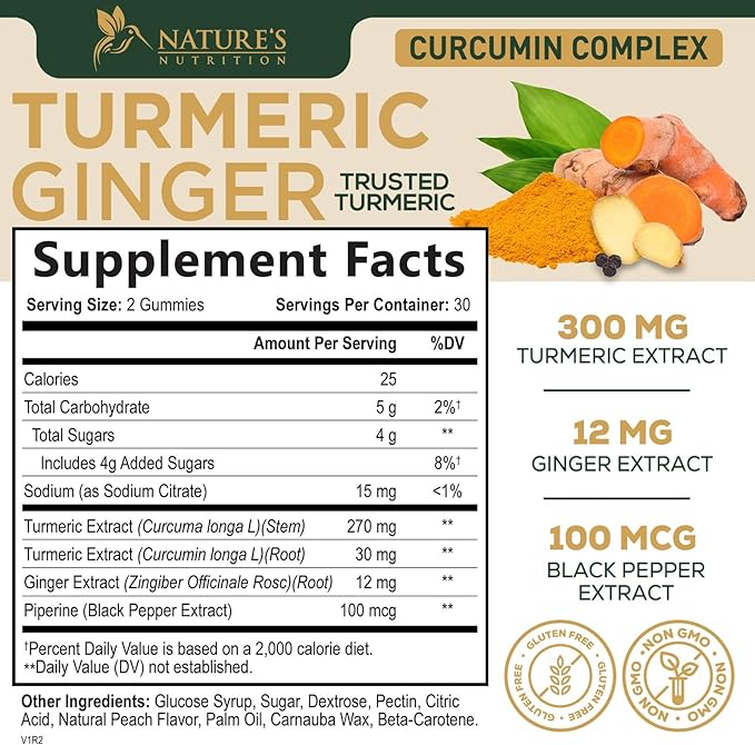 Turmeric Curcumin Supplement Gummies - 95% Curcuminoids with Turmeric & Ginger, Black Pepper for Best Absorption, Nature's Vegan Joint Support, Non-GMO, Gluten Free, Tasty Peach Flavor - 60 Gummies