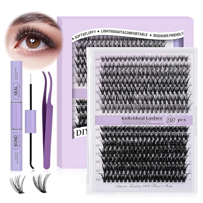 DIY Lash Extension Kit 280pcs Individual Lashes Cluster D Curl Eyelash Extension Kit Lash Clusters with Lash Bond and Seal and Lash Applicator Tool for Self Application (KIT,40D-D-9-16MIX)