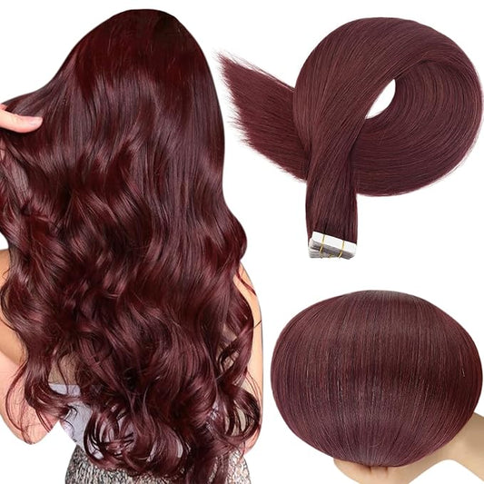 Full Shine Burgundy Tape in Hair Extensions Straight 99J Wine Red Remy Adhesive Tape in Extensions Human Hair 20 Inch Invisible Seamless Skin Weft 50 Gram 20 Pcs for Wedding Add Length