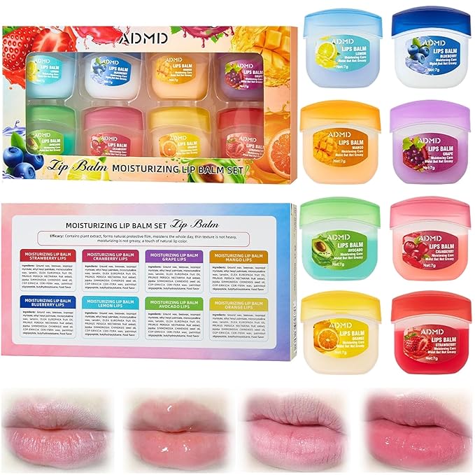 Admd Fruity Lip Balm Set,8Pcs Fruit Flavored Lip Care Set,Mini Colorless Lipsticks,Moisturizing Masks, Long-lasting Nourishing Smooth Soft, Hydrated Lips Overnight (8Pcs)