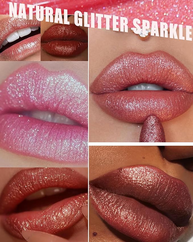 Red Metallic Glitter Lipstick Long Lasting, Diamond Nude Shimmer Lip Gloss High Pigmented Brown Matte Lip Stick for Women, Sparkling Shiny Transfer Proof Non Stick Tinted Lip Color Balm Makeup-05