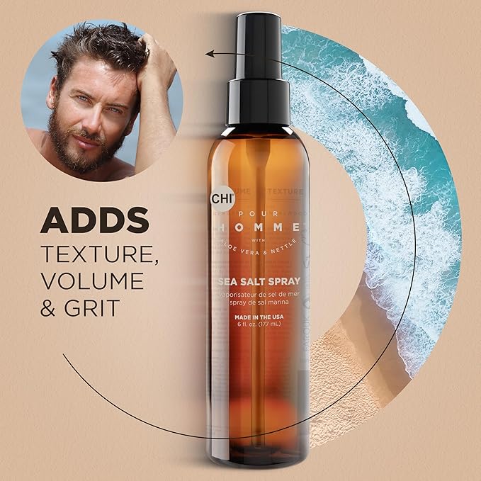 CHI Pour Homme Sea Salt Spray for Men, Hairspray For Texture & Volume, Creates A Natural Look, Made With Aloe Vera & Nettle, Fresh, Woody Scent, 6 oz