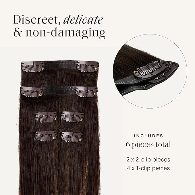 Luxy 100% Remy Human Hair Extensions for Thin Hair Thinning Hair Fill-Ins – 6 Seamless Wefts Multi-Dimensional Color Blend - Natural-Looking Volume & Coverage 95 grams 20" Dark Brown Balayage