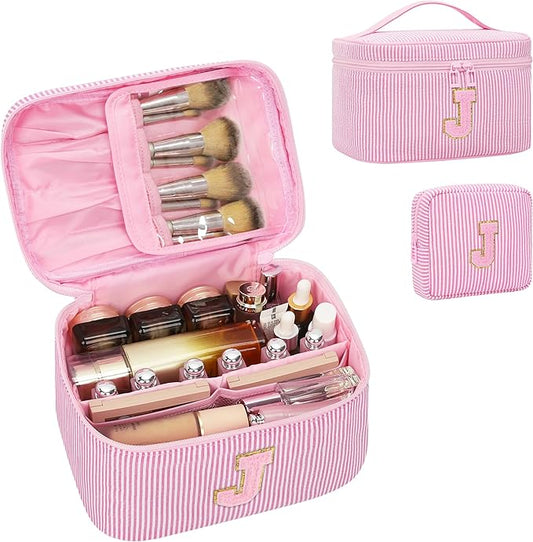 MONSTINA Initial Makeup Bag with Brush Holder and Divider,Birthday Gifts for 4 5 6 7 8 9 10 11 12 Year Old Girls, Personalized Preppy Cosmetic Bag |Cute Toiletry Bag,2PCS,Pink J