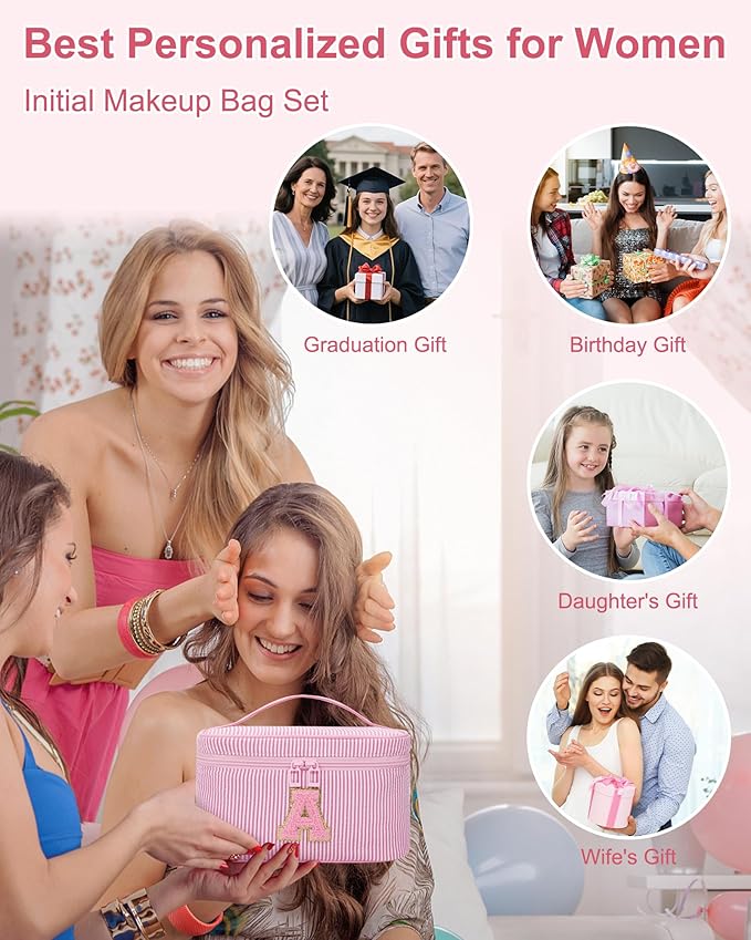 Initial Makeup Bag Cosmetic Bag Bridal Shower Gifts - Bridesmaid Bag,Bridesmaid Proposal Gifts for Wedding Day,Maid Matron of Honor Gift, Bride to be Gifts,Bachelorette Party Favors,Pink T