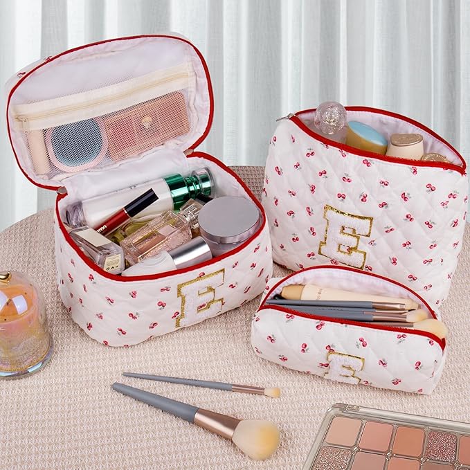 Initial Makeup Bag Set, Personalized Quilted Makeup Bag, Large Floral Cosmetic Bag for Women, Cute Cotton Custom Make up Bags, Flower Travel Toiletry Bag Teen Girl Gift Trendy Stuff Gift Red Cherry M
