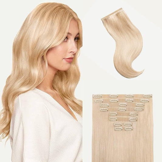Luxy 100% Remy Human Hair - Seamless Clip-In Hair Extensions - Multi-Dimensional Color for Natural Blending, Adds Volume & Length 240 grams 24" Platinum Blonde Seamless