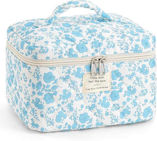 Makeup Bag for Women Quilted Cotton Make Up Bag Travel Cosmetic Bag Large Makeup Bag Cute Bow Makeup Bags Organizer Floral Toiletry Bag Makeup Pouch for Purse, Azure Blue