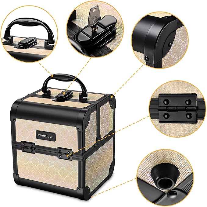 BYOOTIQUE Makeup Train Case with Mirror Small Cosmetic Bag for Travel 2-Tier Trays Jewelry Organizer Box Lash Storage for Nail Artist Manicurist Beauty Salon,Charm ForgetMeNot