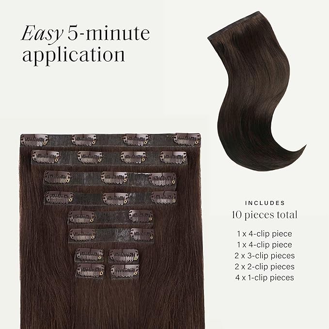 Luxy 100% Remy Human Hair - Seamless Clip-In Hair Extensions - Multi-Dimensional Color for Natural Blending, Adds Volume & Length 160 grams 16" Dark Ash Brown