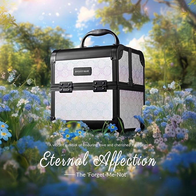 BYOOTIQUE Makeup Trolley with Mirror Travel Cosmetic Case 2-Tier Trays Lockable Nail kit Organizer for Nail Bar Beauty Salon Manicurist Hairstylist,Pure ForgetMeNot