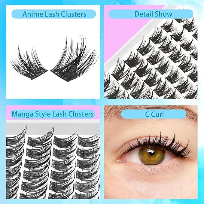 Manga Lash Clusters Spike Eyelash Clusters 10-14mm C Curl Lashes Clusters Wispy Individual Fluffy Lashes Clusters DIY Look Like Eyelash Extension (Mangaedge)