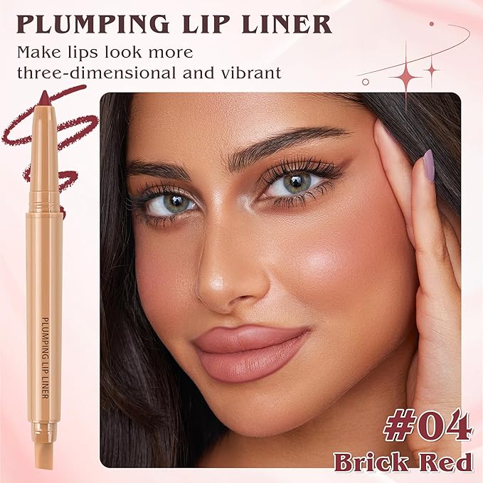 Matte Lip Liner, Plump Lipliner Pencil Crayon，Creamy Matte Finish with Silicone Smudger For Women, High-Pigment Smooth Formula for Sculpting &Contours Lip，Longwear，Lips Makeup，04#Brick Red