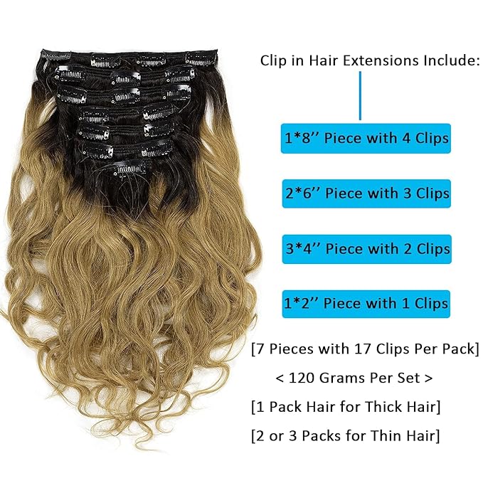 Caliee Natural Wave Human Hair Curly Clip in Hair Extensions Ombre Natural Black Fading into Strawberry Blonde Clip Ins 16Inch 120G Remy Human Hair Extensions for Black Women 7Pcs