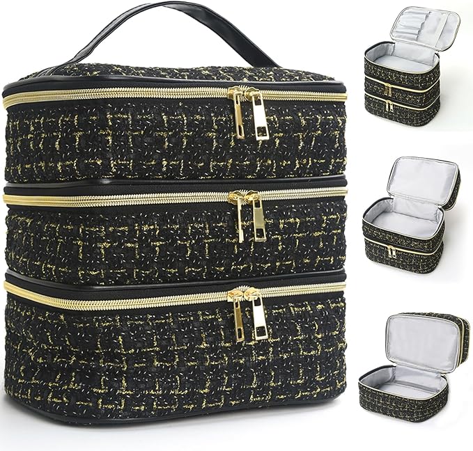 Travel Makeup Bag for Women Three Layer Large Cosmetic Case Water-resistant Toiletry Bag Organizer for Store Toiletries Cosmetic Accessories and Manicure Sets Gold Black