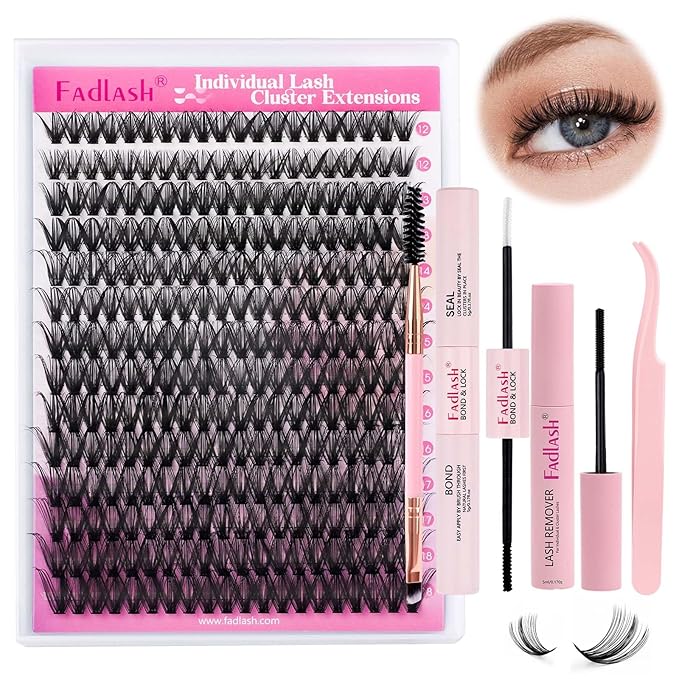 FADLASH DIY Lash Extension Kit Individual Lashes Cluster D Curl Eyelash Extension Kit D Curl Lash Clusters Lash Applicator Tool for Self Application at Home(KIT 40D-D-12-18mm)