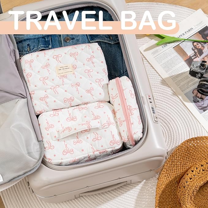 Makeup Bag for Women 3PCS Quilted Cotton Make Up Bag Travel Cosmetic Bag Large Makeup Bag Set Cute Bow Organizer Floral Toiletry Pouch for Purse, Bow B