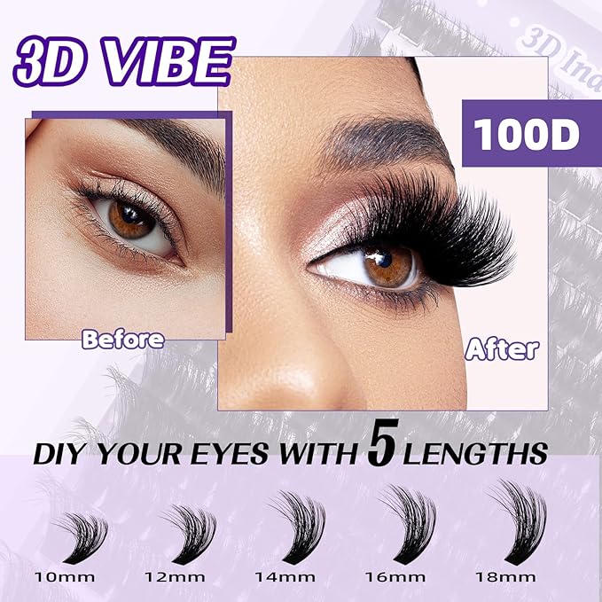 Lash Extension Kit 3D Thick Lash Clusters Kit 280pcs Eyelash Extension Kit 10-18mm 100D D Curl DIY Lash Extension Kit with Lash Bond and Seal, Lash Remover (KIT-100D-MIX10-18mm)