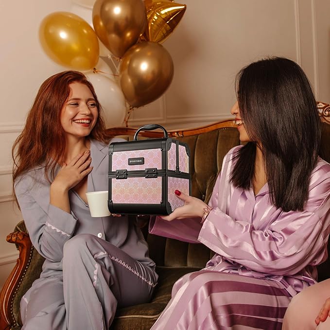 BYOOTIQUE Makeup Train Case with Mirror Small Travel Cosmetic Bag Cosmetology 2-Tier Trays Jewelry Organizer with Lock for Nail Tech Artist Beauty Salon Barbershop,Blush ForgetMeNot