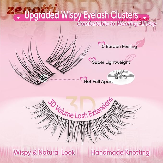 Natural Lash Clusters Kit Wispy Eyelash Clusters Kit Natural Lash Extension Kit C-Curly Individual Lashes Short Eyelash Extensions with Lash Bond and Seal and Eyelash Tweezers 9-12MM 144PCS by zenotti
