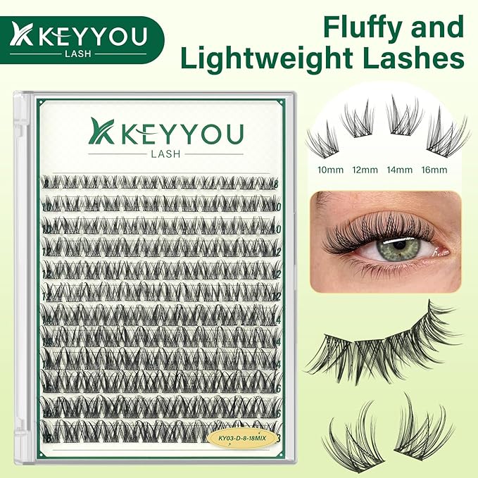 KEYYOULASH Lash Clusters Natural&Wispy Eyelash Clusters D Curl 144pcs Fluffy Eyelash Clusters Thin Band Lashes Clusters for Beginner DIY Cluster Eyelash Extensions at Home(KY03-8-18MIX)