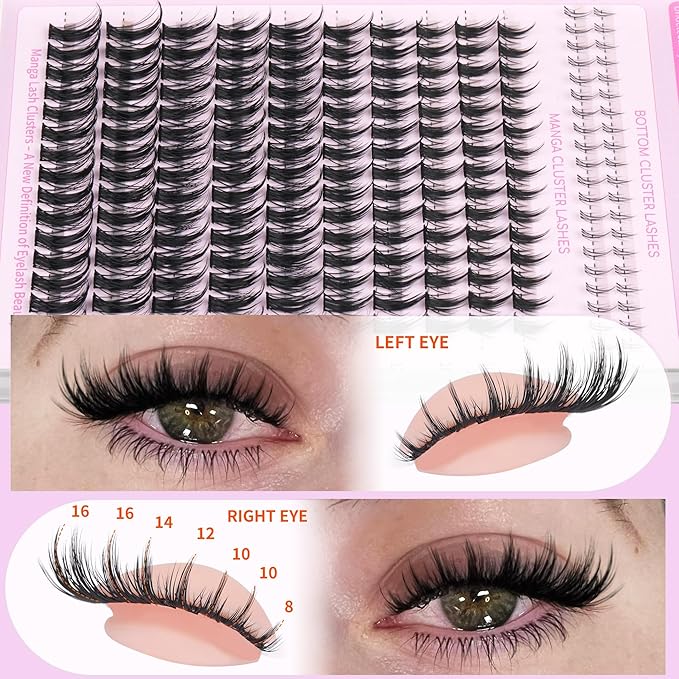Manga Lash Clusters Kit Spiky Eyelash Clusters Kit with Bottom Cluster Eyelash Extensions Wispy Individual Lashes Kit with Lash Bond and Seal 8mm-16mm Doll Lash Extensions Kit