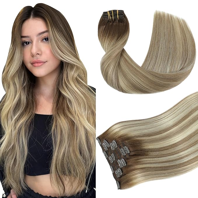 Youngsmile Clip in Hair Extensions Real Human Hair, Remy Human Hair Extensions Clip in Easy to Install 7Pcs 120g 14in, Balayage Brown to Light Brown mixed Light Blonde (CLIP#3/8/22-14Inch)