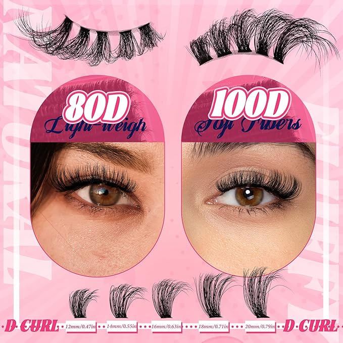 280 Pcs Lash Clusters Extensions Kit - 80D 100D 12-20mm Faux Mink Individual Eye Lash Clusters with D Curl Wispy Lashes for DIY Lash Extension at Home