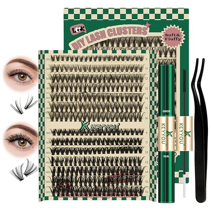 KEYYOU DIY Lash Extension Kit 280pcs Individual Lashes D Curl Eyelash Extension Kit 30D+40D 9-16Mix Lash Clusters with Lash Bond and Seal and Lash Applicator for DIY at Home(KIT-30D40D-0.07D-9-16MIX)