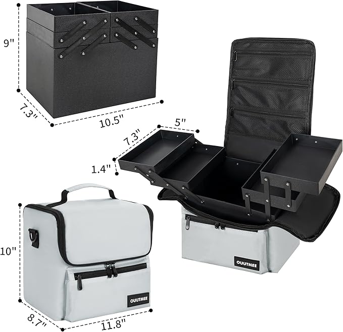 Makeup Travel Train Case, Black Makeup Carrying Organizer Bag, 4 Tier Professional Organizer Case with Straps Pockets for Make Up Nail Tools