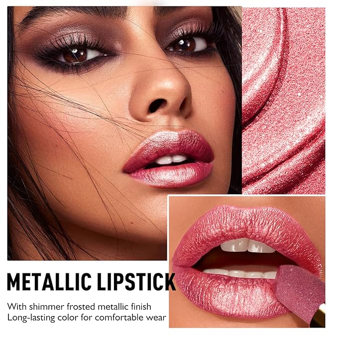Bright Coral Pink Lipstick for Women with Metallic Shimmer Shine, Long Lasting Lip Stick Glitter Moisturizing Lightweight Full Coverage Lip Makeup, Non-Sticky Pearl Shiny Cream Lipstick Balm, 03