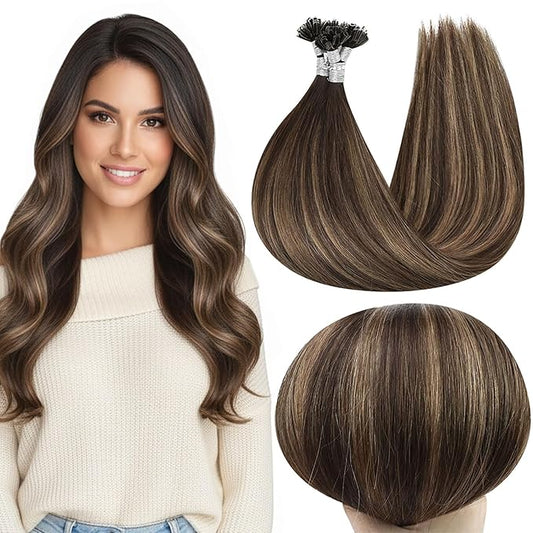 Full Shine U Tip Hair Extensions Human Hair 22 Inch Long Straight Remy Hair Darkest Brown Ombre Ash Brown Highlighted Brown Ktip Human Hair Extensions 50 Grams for Women