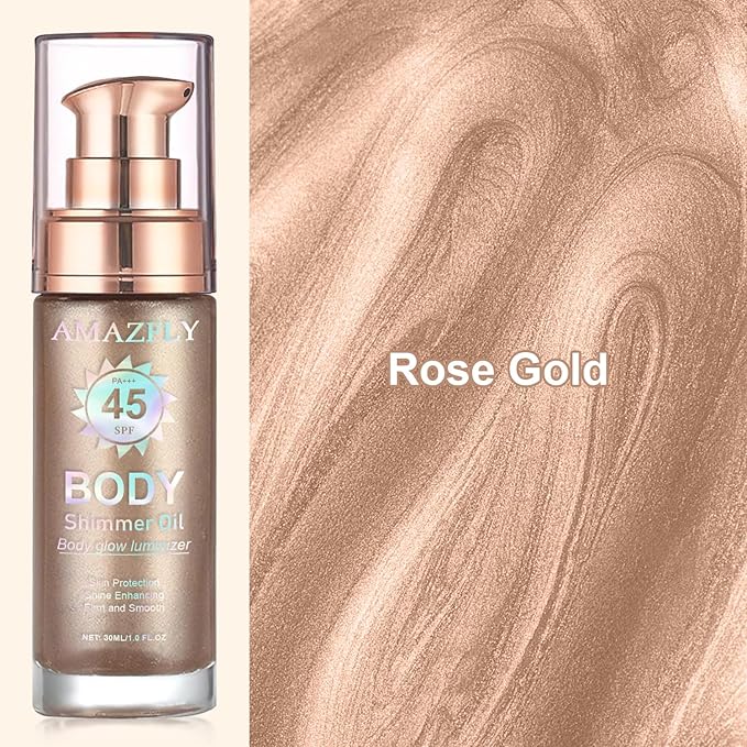 Shimmer Body Oil, SPF 45 Broad Spectrum, Sunscreen Face and Liquid Luminizer Waterproof Moisturizing, Light Shimmer Glow Illuminator, Smooth Body Highlighter Makeup (#01 Rose Gold)
