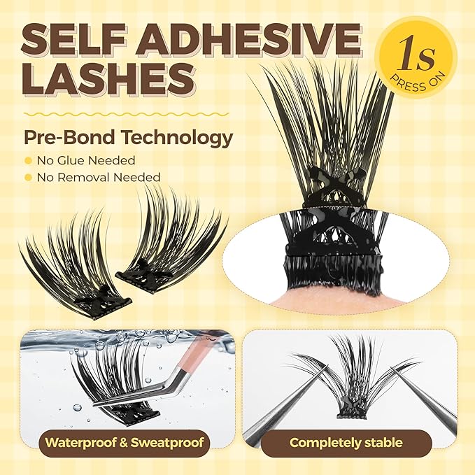 PopUp Self Adhesive Eyelashes Clusters, Press On Lashes Pre Glued Eyelash Extension Kit with Lash Tweezer,10-16mm No Glue No Remover Needed Self Adhesive Lashes Clusters NM03-D