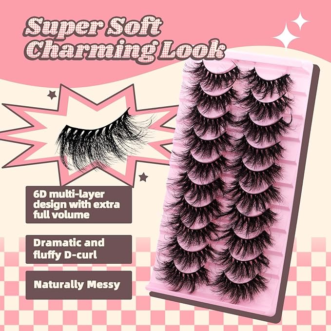 FADVAN False Eyelashes Faux Mink Lashes 6D Volume Full Cat Eye Long Dramatic Strip Lashes That Look Like Extensions Thick Cat Eye False Eyelashes Pack 10 Pairs-D02