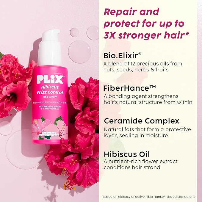 PLIX - THE PLANT FIX Hibiscus Frizz Control Hair Serum | Protects & Smoothes, Dry, Flyaway & Frizzy Hair, With 13 Nourishing Oils | 3x Strength with Fiberhance | 50ml