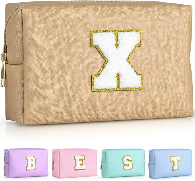TOPEAST Initial Makeup Bags for Women, Personalized Portable Cosmetic Bag with Zipper, Cute Makeup Pouch, Bridesmaid Gifts for Wedding Day, Girl Trendy Stuff(Khaki X)
